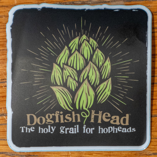 Black sticker with green hophead logo on it. With writing "Dogfish Head" and "The holy grail for hopheads" underneath.