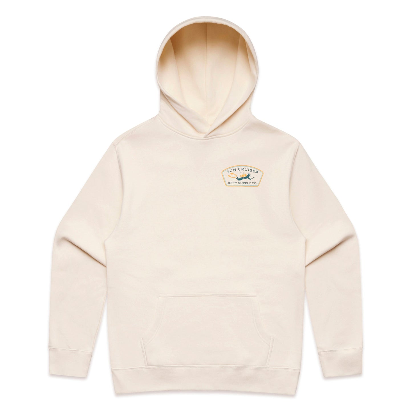 Cream hoodie with small left chest pocket artwork on front. Text Sun Cruiser Jetty Supply Co. 