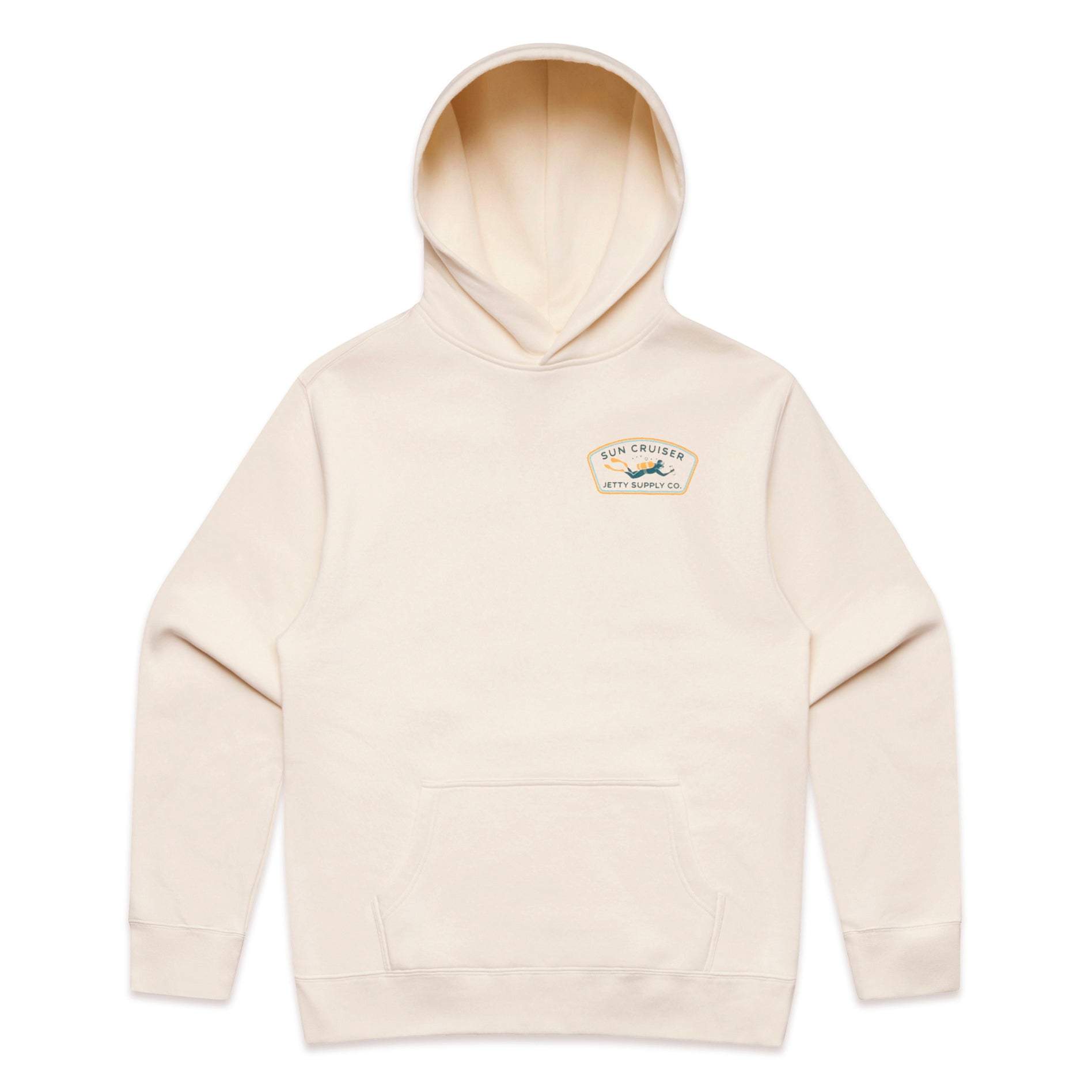 Cream hoodie with small left chest pocket artwork on front. Text Sun Cruiser Jetty Supply Co. 