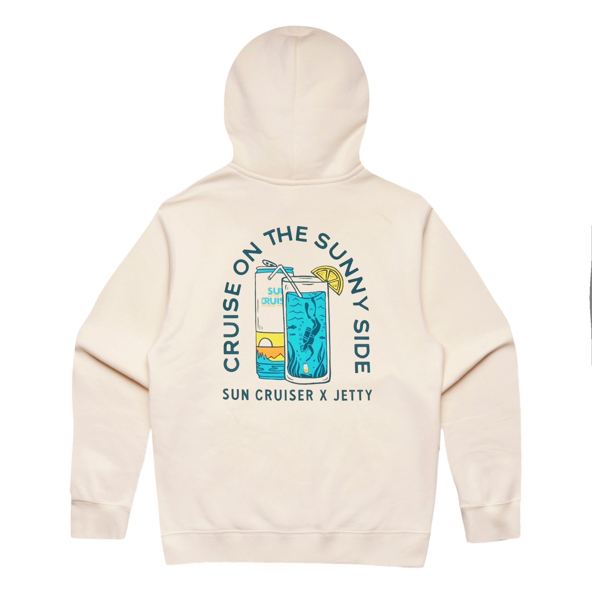 Cream hoodie with can and drink artwork on back