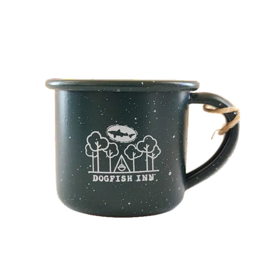Green mug ornament with a brown string on the handle to hang. Mug features white imagery of trees and a Dogfish Head shark and shield logo, below all is writing "Dogfish Inn".