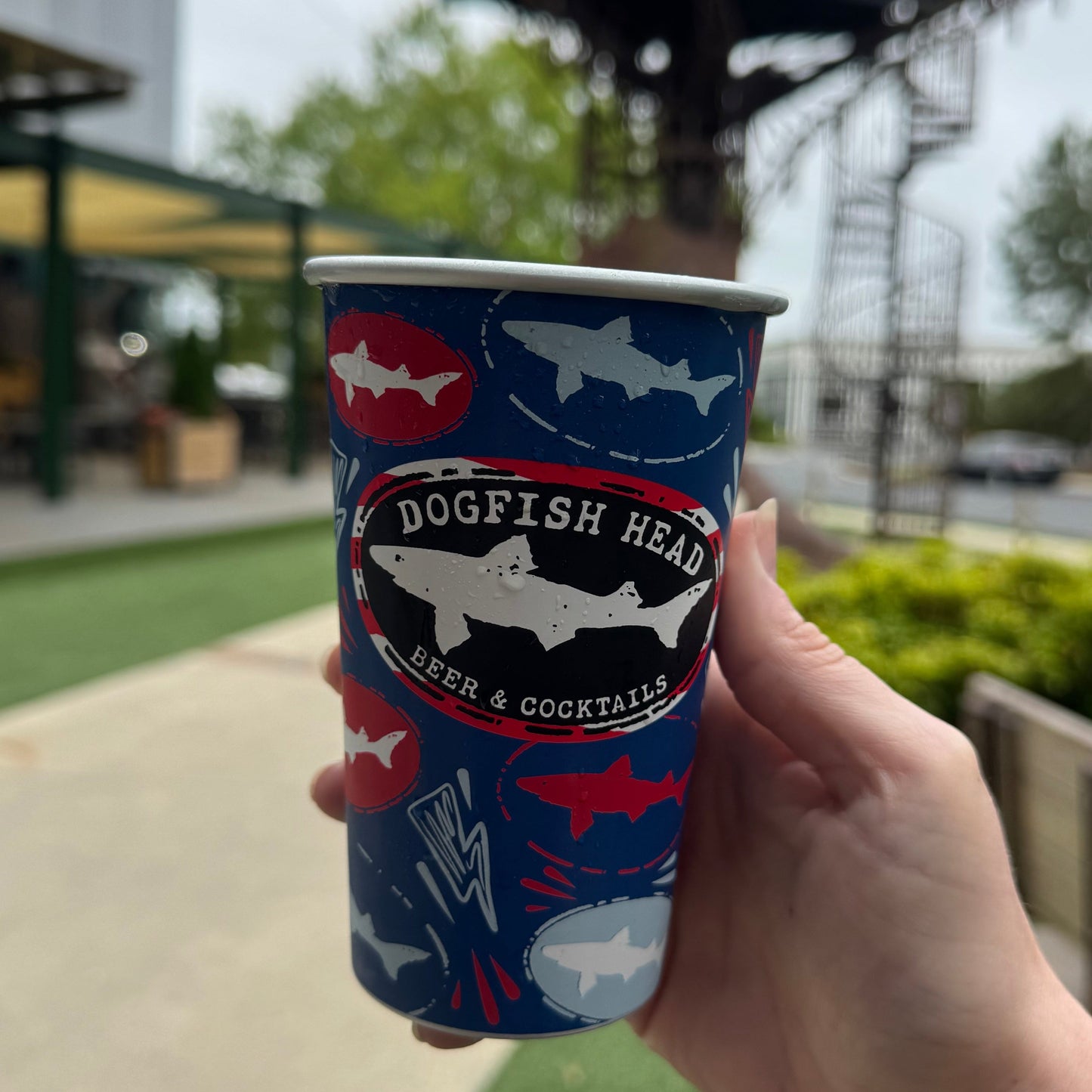 Dogfish Head reusable aluminum can glass held outdoors, colorful shark pattern pint cup for beer