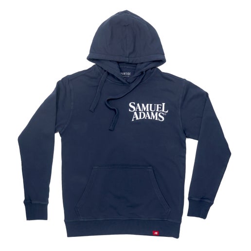 Indigo-colored hoodie with a front pocket and the classic Samuel Adams logo printed in white in the top left.