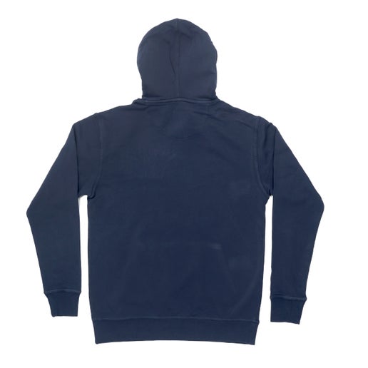 Back of indigo hoodie