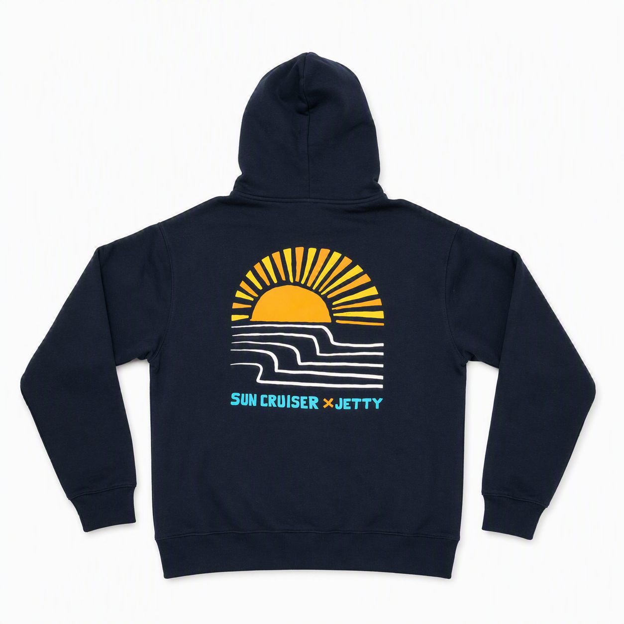 Navy blue hoodie with sunset graphic and Sun Cruiser x Jetty text