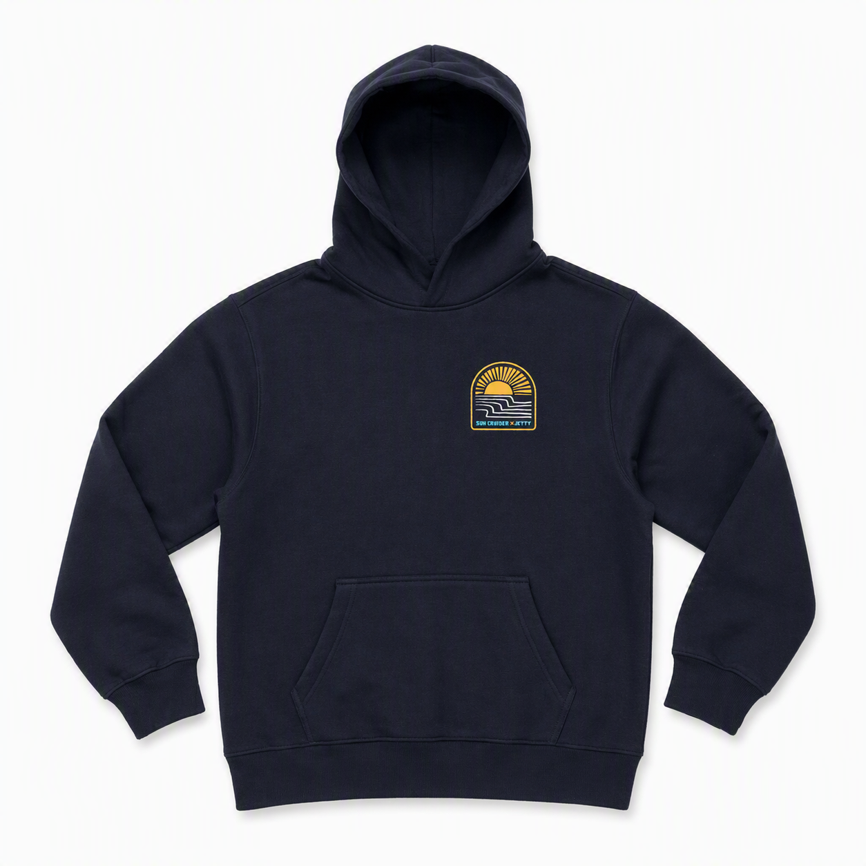 Navy blue hoodie sweatshirt with sunset graphic and Sun Cruiser x Jetty text