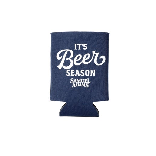 A navy blue 12oz can cooler with the slogan "It's beer season" printed over the Samuel Adams logo in white.