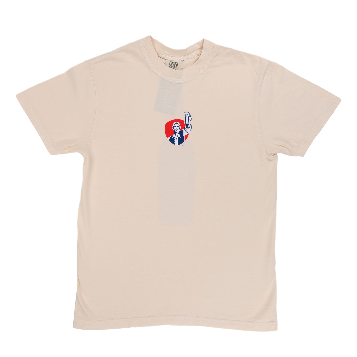 Front view of an ivory short sleeve t-shirt with a small Samuel Adams logo featuring a patriot holding a pint centered on the chest.