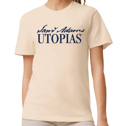 Front view of an ivory short sleeve t-shirt with a small navy Samuel Adams Utopias logo printed on the center of chest.