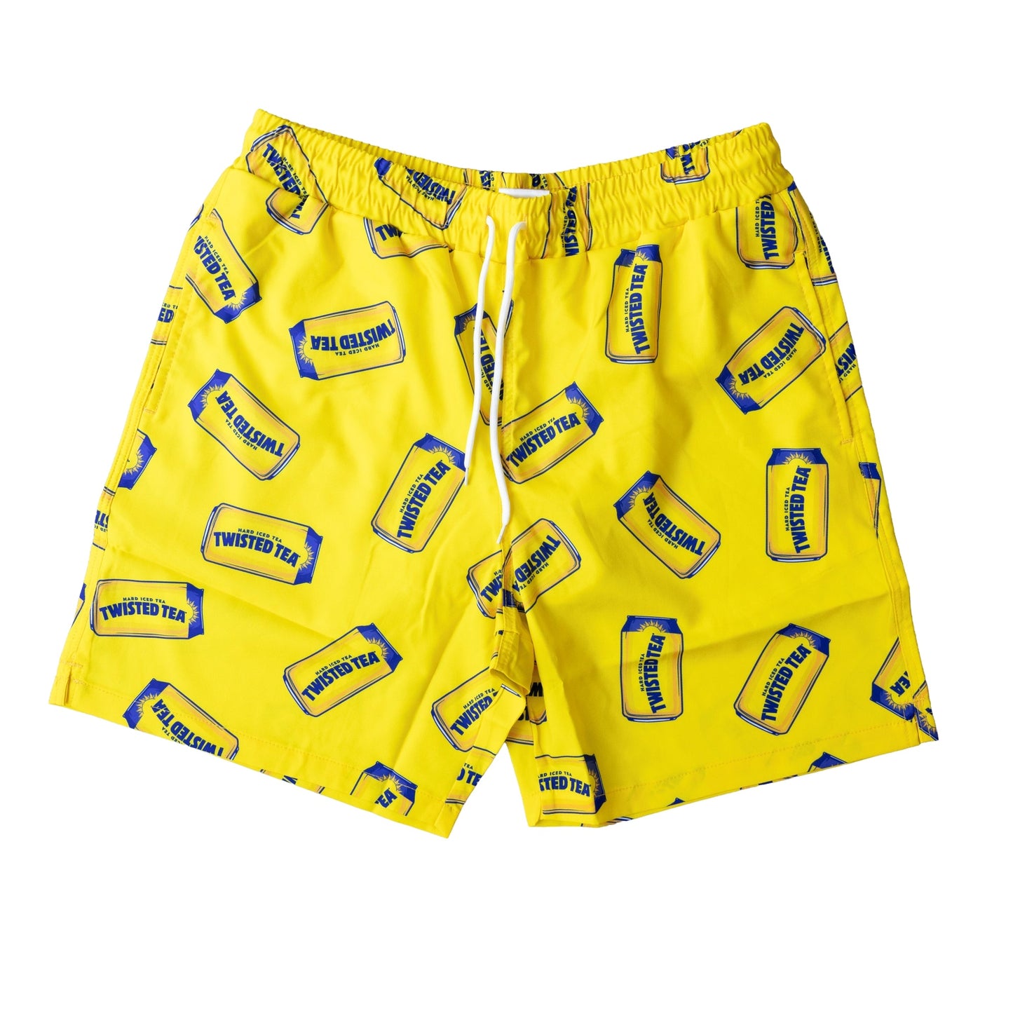 Twisted Tea swim trunks in yellow with can print, front view showing adjustable drawstring waistband