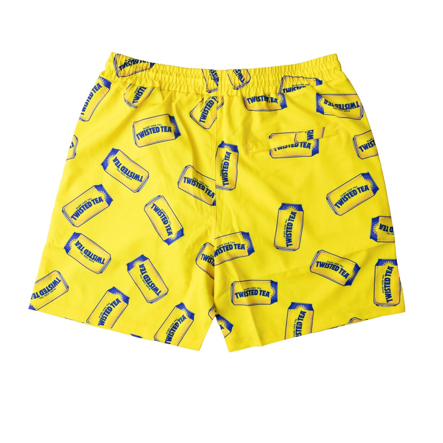 Yellow Twisted Tea swim trunks with allover can print, back view featuring elastic waistband and rear pocket