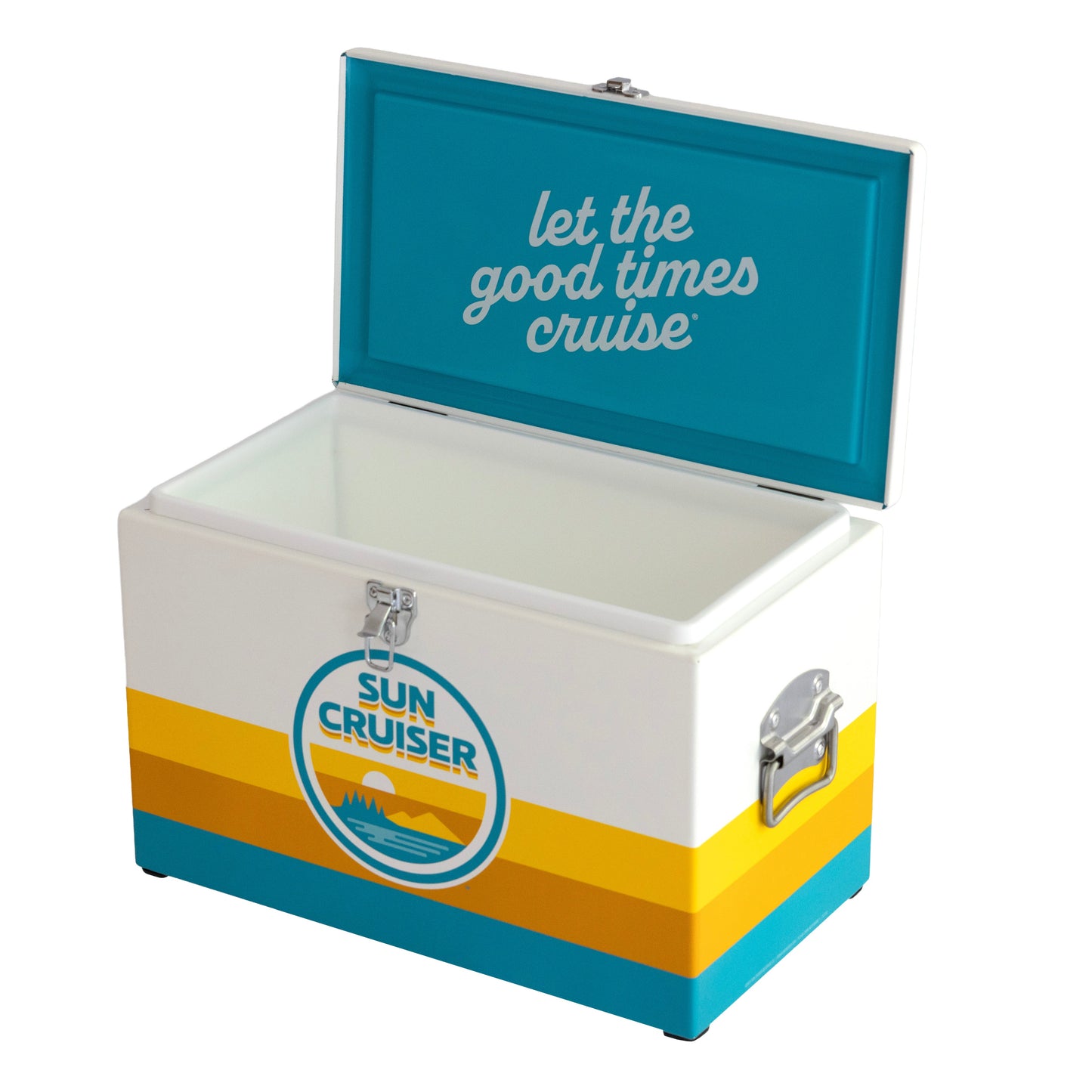 Sun Cruiser hard cooler with classic coloring and "Let the good times cruise" styled on the inner lid.