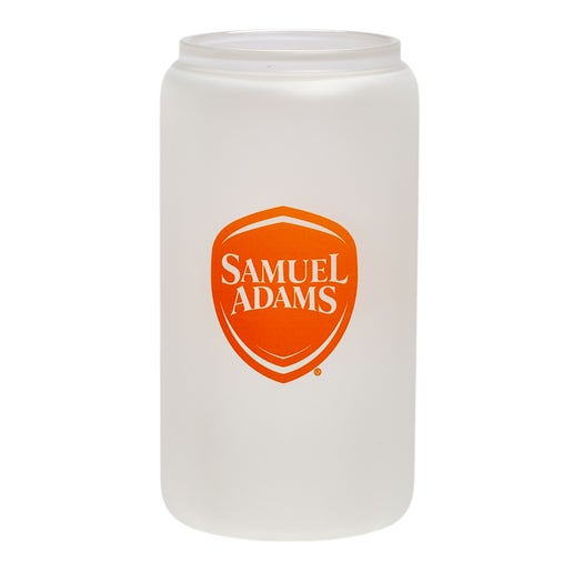 Color changing can glass features imagery of the Samuel Adams shield logo in orange. Glass is pictured on a white background showing the glass color when not filled.
