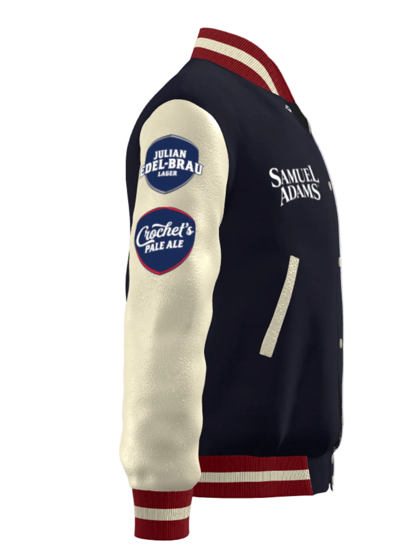 Varsity jacket with brand logos on sleeves against a white background