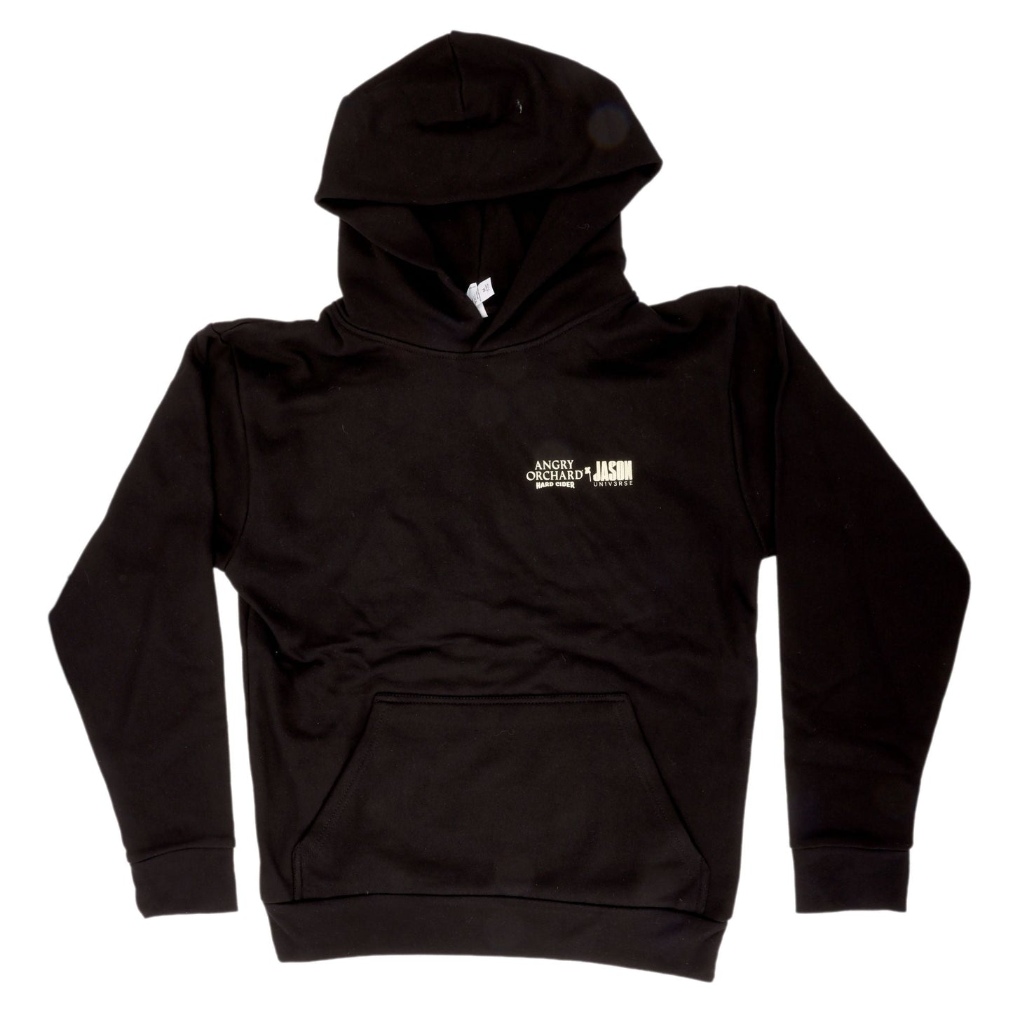 Front of black hoodie features writing "Angry Orchard Hard Cider x JASON Un1v3rse" on left side of chest.