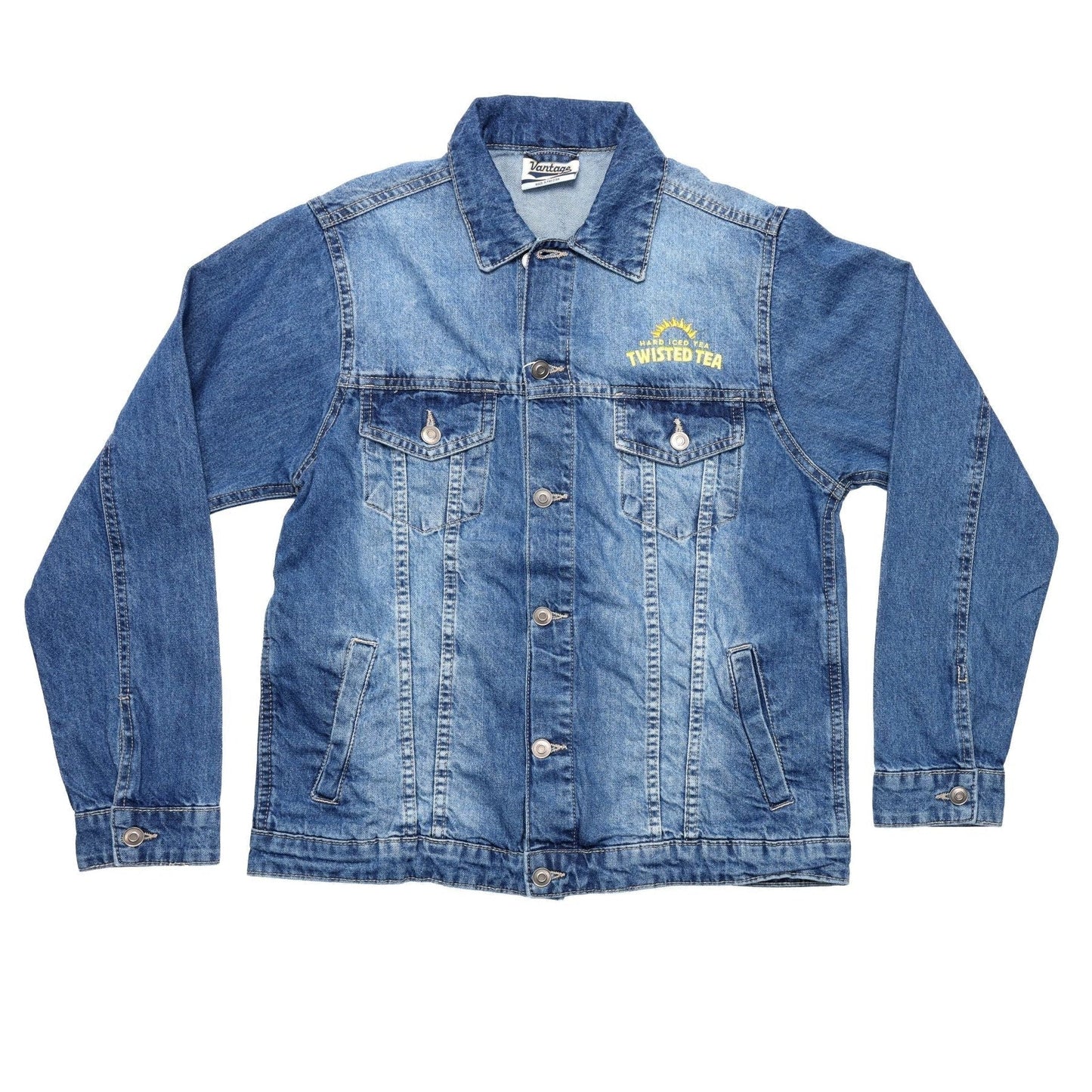 Blue denim jacket on a white background
