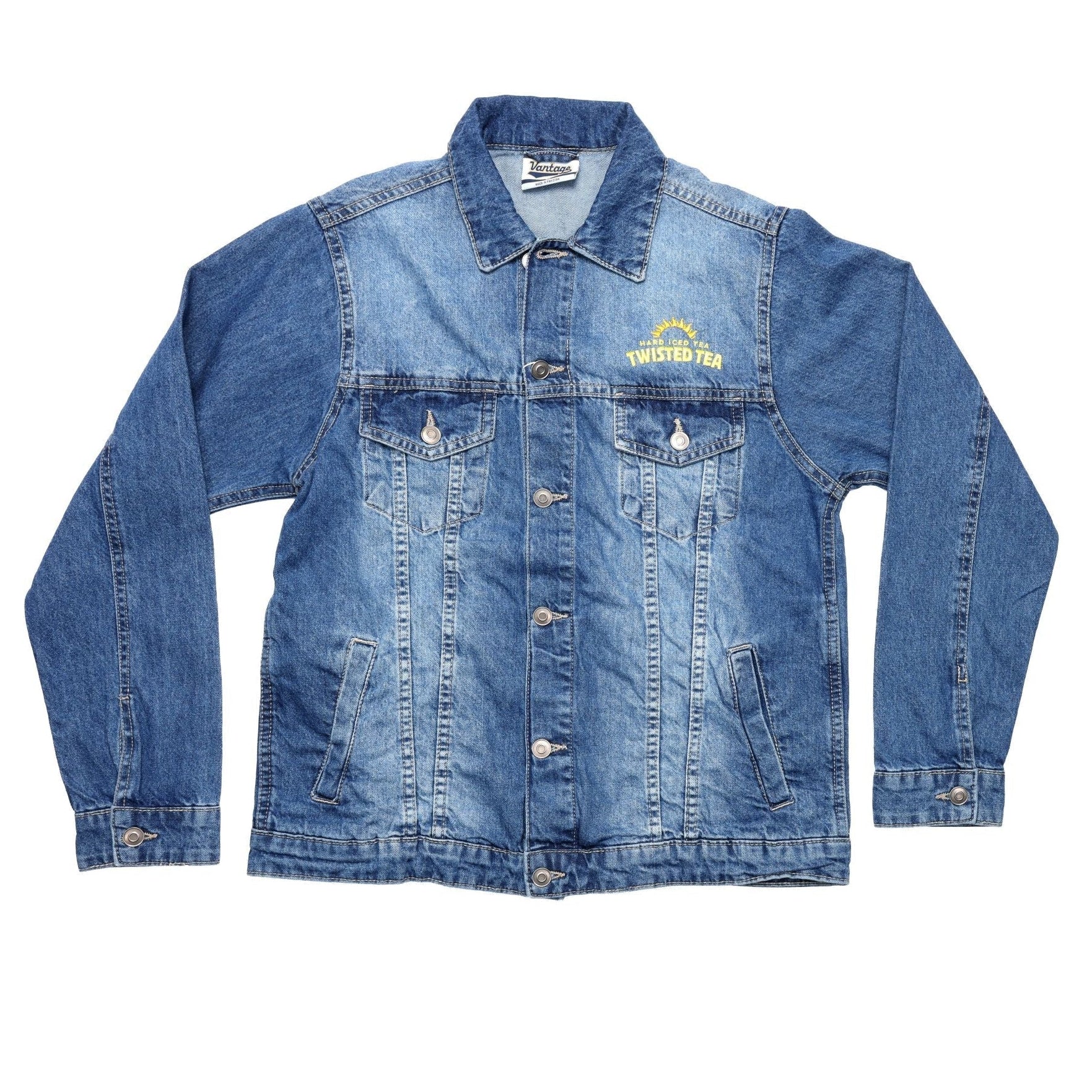 Blue denim jacket on a white background