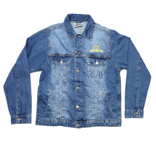 Blue denim jacket on a white background