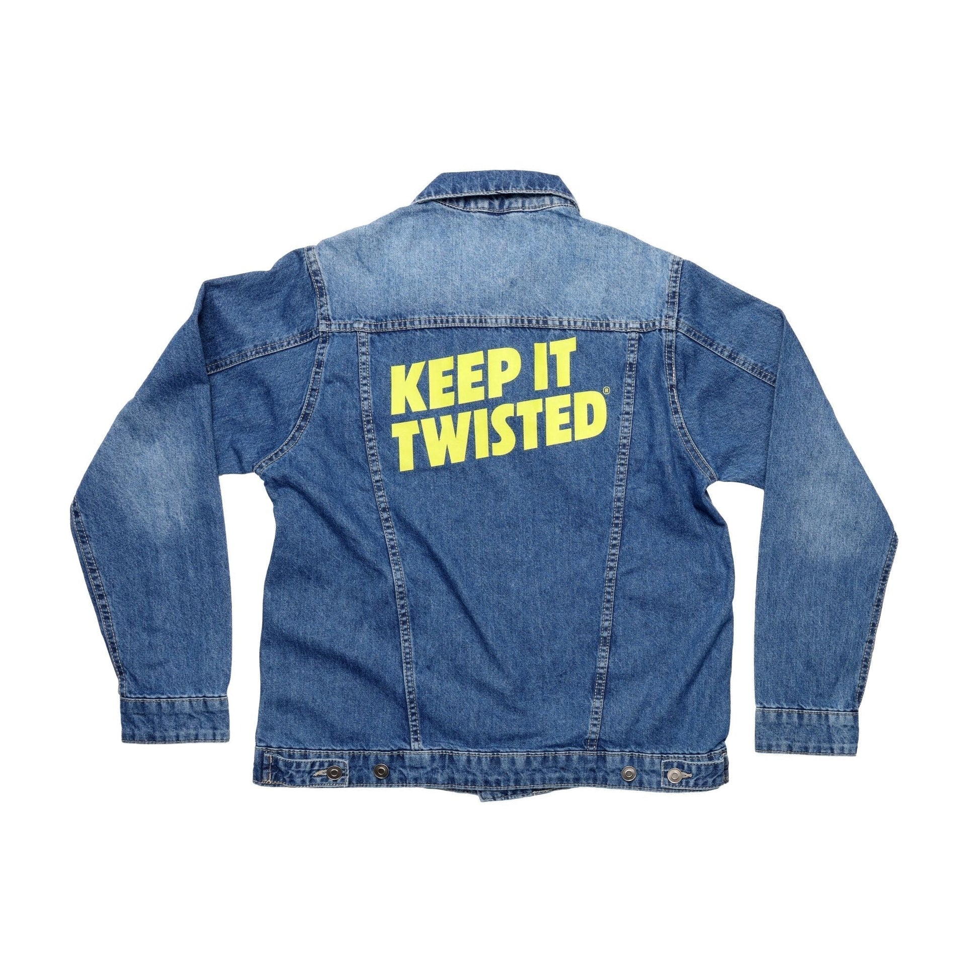 Blue denim jacket with 'KEEP IT TWISTED' text on a white background