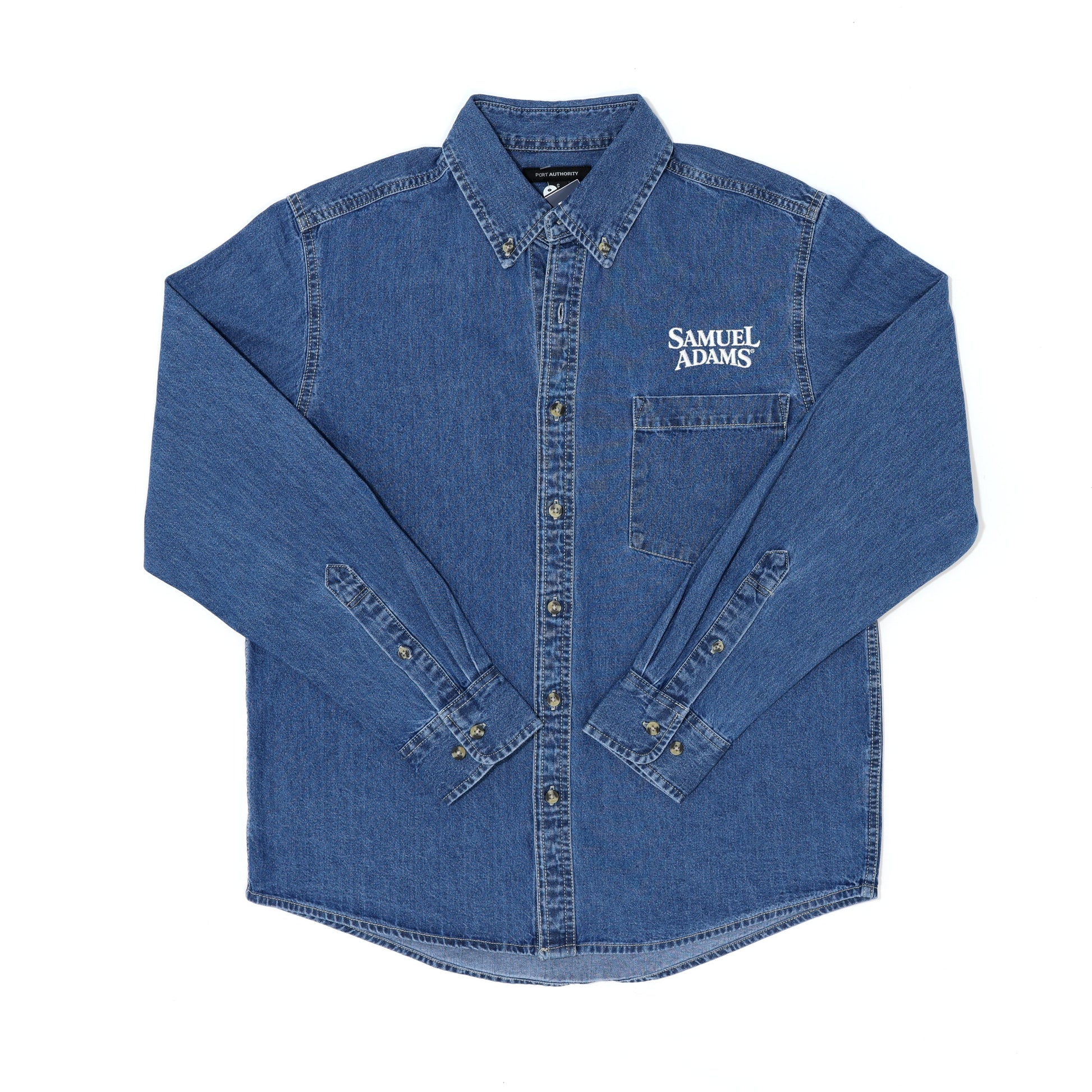 Jim Koch-inspired Jean/denim Button Up Shirt embroidered with the Samuel Adams classic logo over a pocket on the left side of the chest.