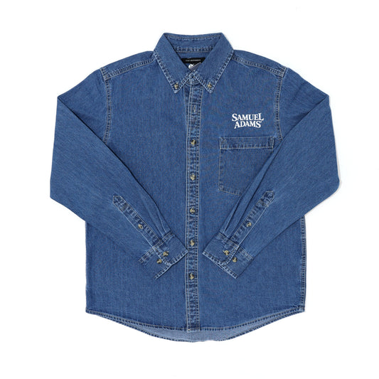 Jim Koch-inspired Jean/denim Button Up Shirt embroidered with the Samuel Adams classic logo over a pocket on the left side of the chest.