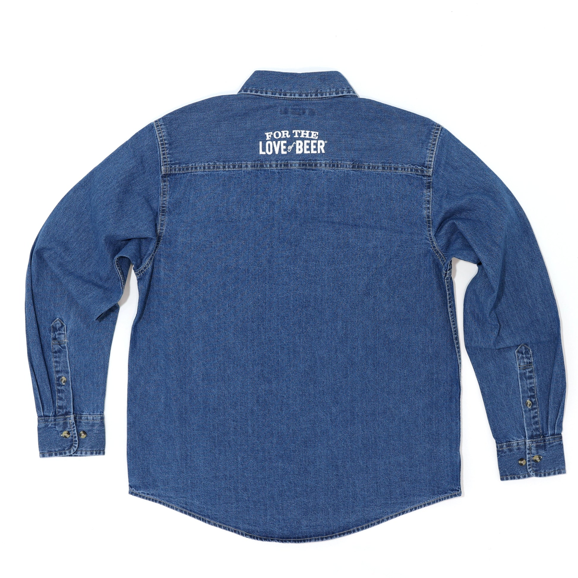 Back of the jean button up shirt is embroidered on the upper back with the slogan "For the love of beer"