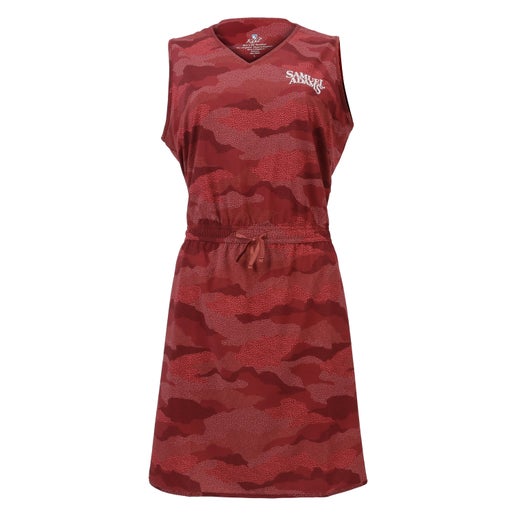 Red camouflage print dress with a small white Samuel Adams logo on the left chest