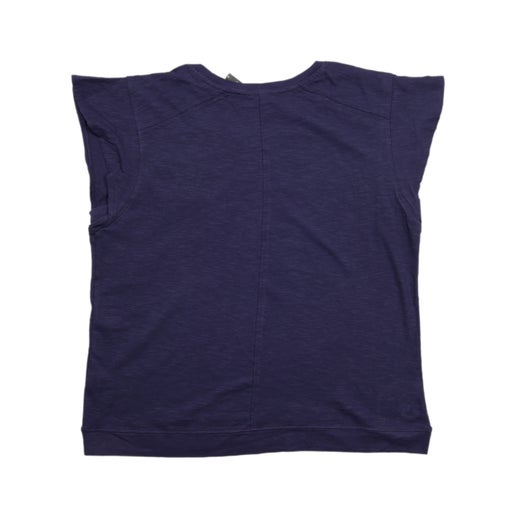 Front and back views of a women's navy KUHL short sleeve tee with cap sleeves and a Samuel Adams logo printed on the front left chest.