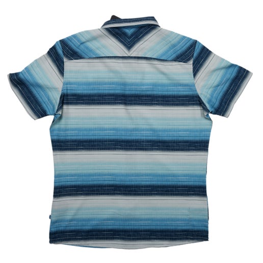 Front and back views of a Samuel Adams KUHL Blue Stripe Ikonik Persuadr Short Sleeve Button Up, featuring horizontal blue-toned stripes, snap buttons, and embroidered Samuel Adams logo on the left chest.