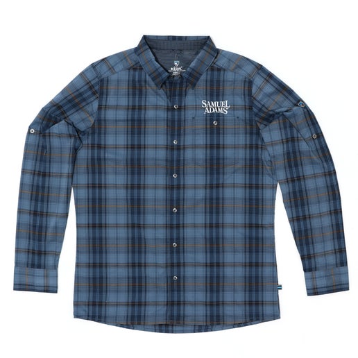 Blue, grey, and brown flannel style jacket with a white Samuel Adams logo on the left chest 
