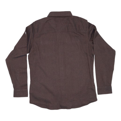 The KUHL Brown Descendr Flannel features securable chest pockets, an interior security pocket, and 2-button adjustable cuffs.
