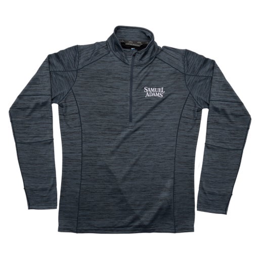 Front and back views of a Samuel Adams KUHL Charcoal Alloy Quarter Zip Pullover featuring a heathered charcoal color, embroidered Samuel Adams logo on the left chest, and KUHL logo patches on the sleeve and back.