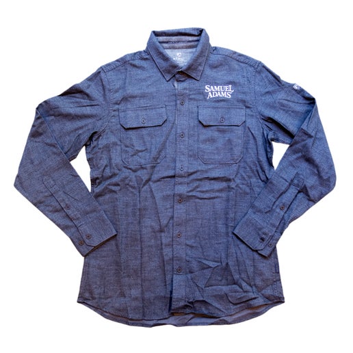 Navy flannel featuring the Samuel Adams logo above the pocket on the left side of the chest.
