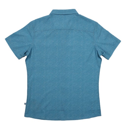 Front and back view of a light blue KUHL short sleeve button-up shirt featuring a textured pattern and Samuel Adams logo embroidered on the left chest.