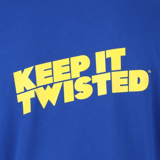 A close-up of a blue fabric with large, bold yellow text that reads "KEEP IT TWISTED" at an upward angle.