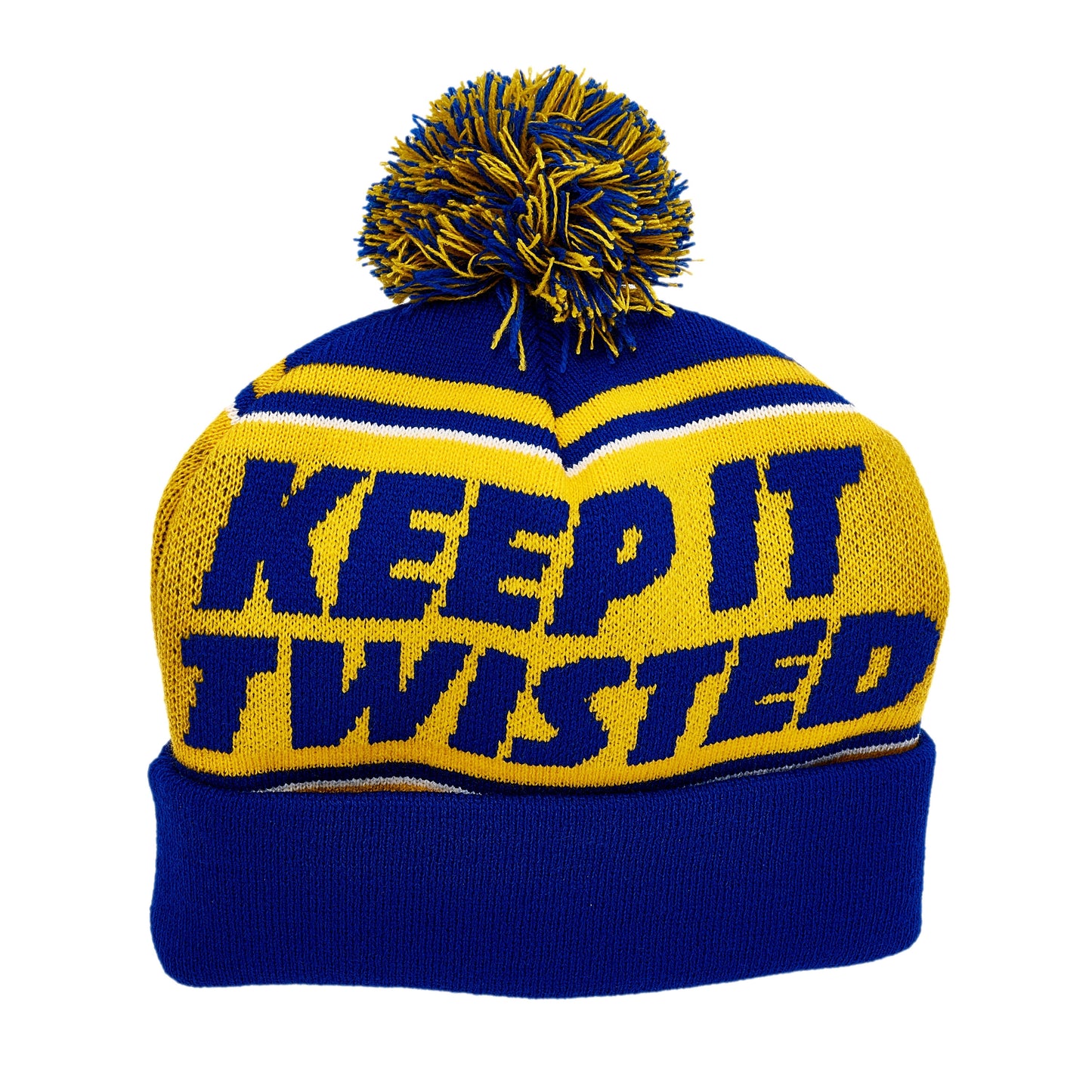 Blue fold over beanie, with a yellow top and writing "Keep it Twisted" in blue on the front and back. Blue and yellow pom at the top of the beanie.