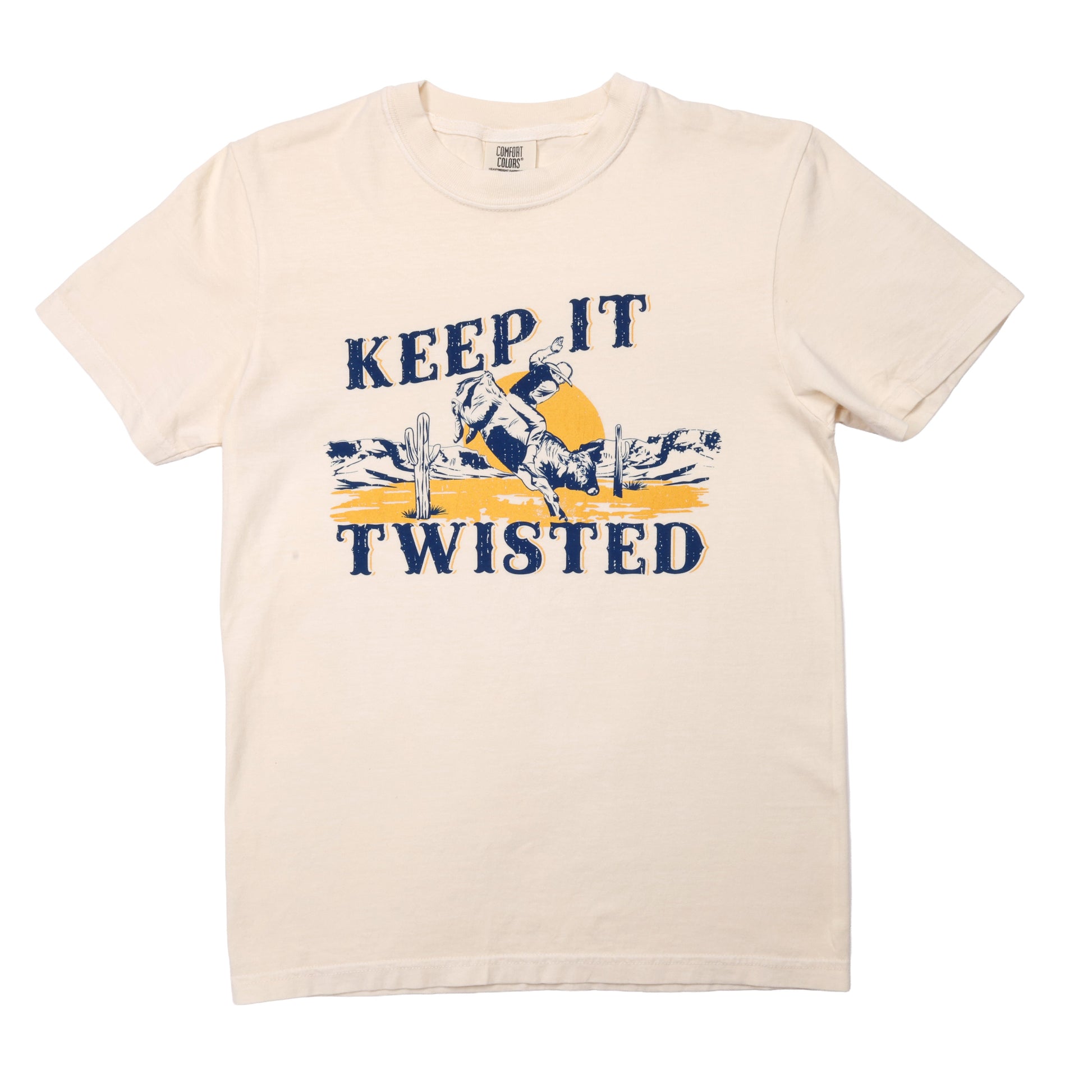 Beige t-shirt with 'Keep It Twisted' graphic design on a white background