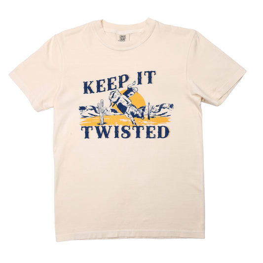 Beige t-shirt with 'Keep It Twisted' graphic design on a white background