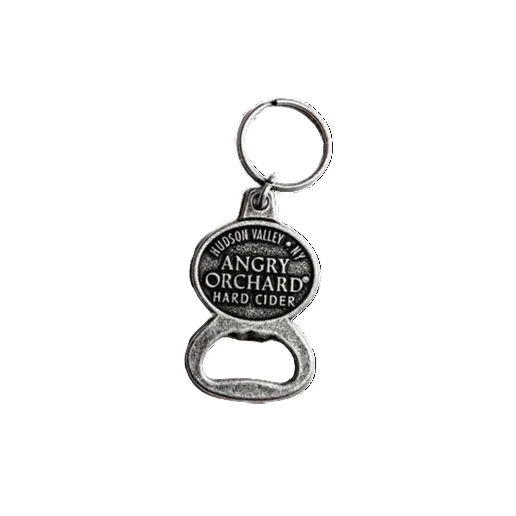 This keychain opener has the writing "Hudson Valley, NY" at top and below it says, "Angry Orchard Hard Cider".