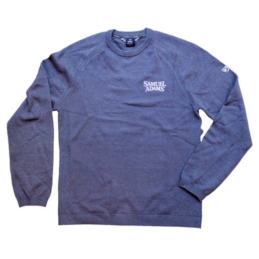 Blue sweater features the Samuel Adams on the left side of the chest on the front.
