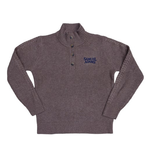 Knit henley sweater featuring a blue Samuel Adams logo on the left side of the chest.