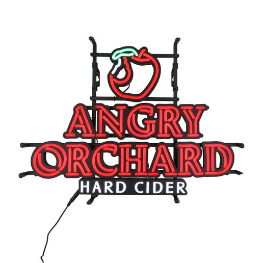This LED sign features a red apple up top, under it in red is "Angry Orchard" and under that is "Hard Cider" in white. Hardware is black.