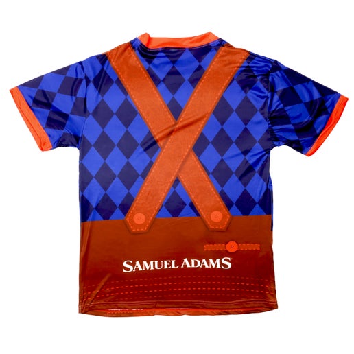 Back view of lederhosen tee. Features design of back of suspenders and writing "Samuel Adams" on the back of waist.