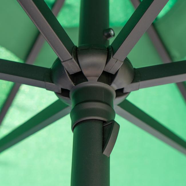 Close-up of the metal frame and locking mechanism under the Lg Logo Umbrella by Steamboat Marketing Inc, highlighting its sturdy central hub and support ribs for reliable outdoor sun protection.