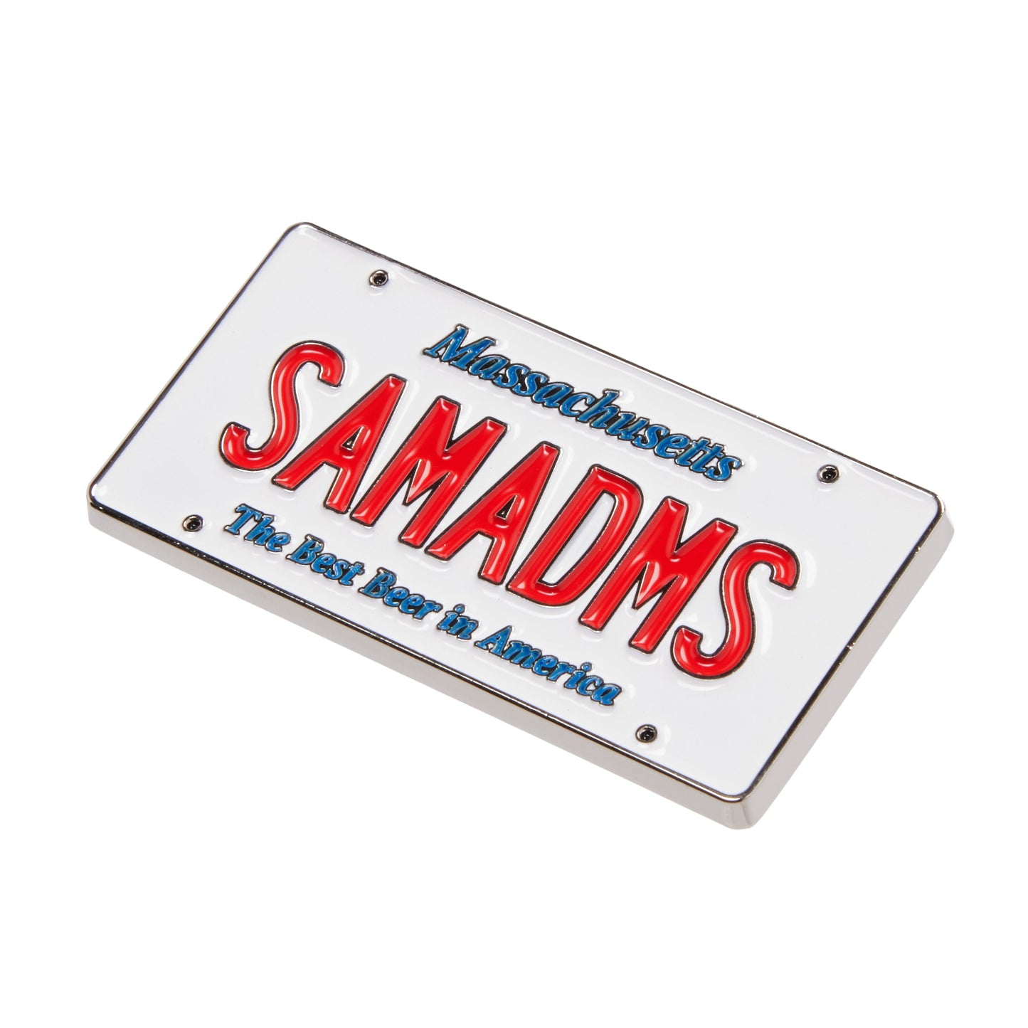 Enamel magnet designed like a Massachusetts license plate with “SAMADMS” in red lettering and “The Best Beer in America” in blue text underneath.
