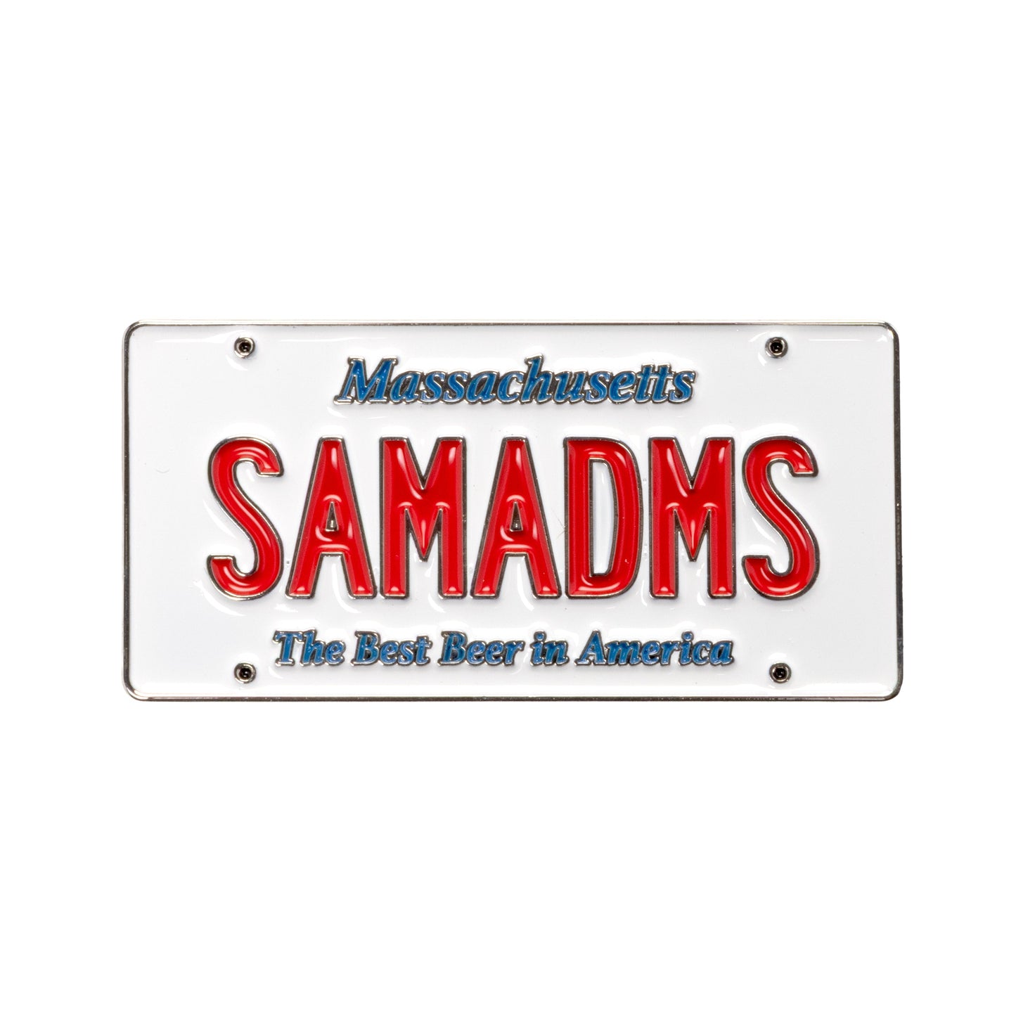 Enamel magnet designed like a Massachusetts license plate with “SAMADMS” in red lettering and “The Best Beer in America” in blue text underneath.