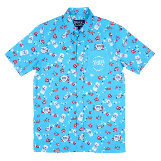 Front view of a light blue short sleeve button-up shirt with an all-over red, white, and blue Samuel Adams American Light print.