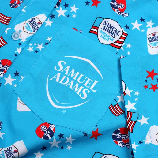 Close-up of the front pocket featuring the Samuel Adams logo on the printed pattern.