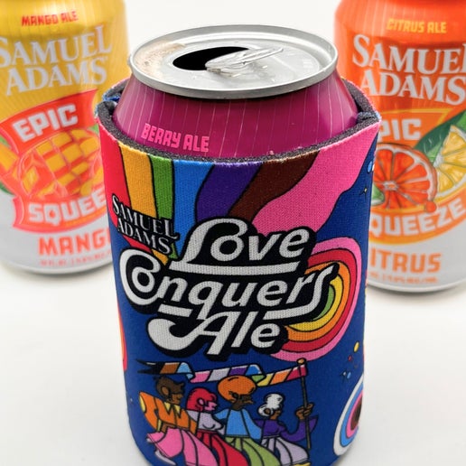 Love Conquers Ale can cooler on a Samuel Adams berry ale
