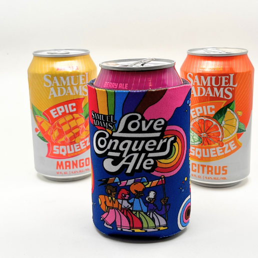 Love Conquers Ale can cooler on a Samuel Adams berry ale